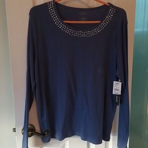 60% cotton blue long sleeve w/rhinestones around c